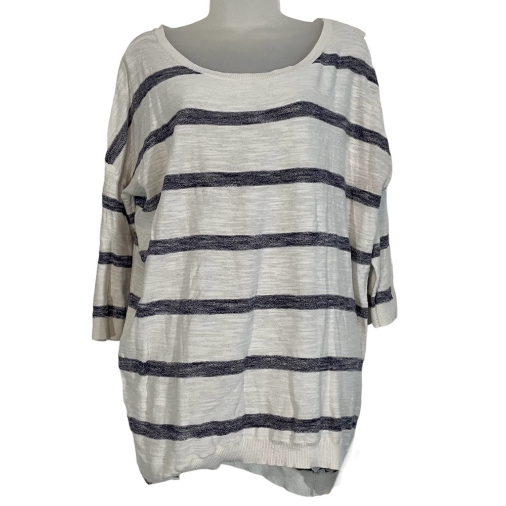 Striped White Blue Tunic Oversized Shirt 3/4 Sleeves Beachy Nautical Boho